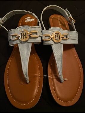 Tommy Hilfiger Light Blue Thong Sandals with Gold Emblem